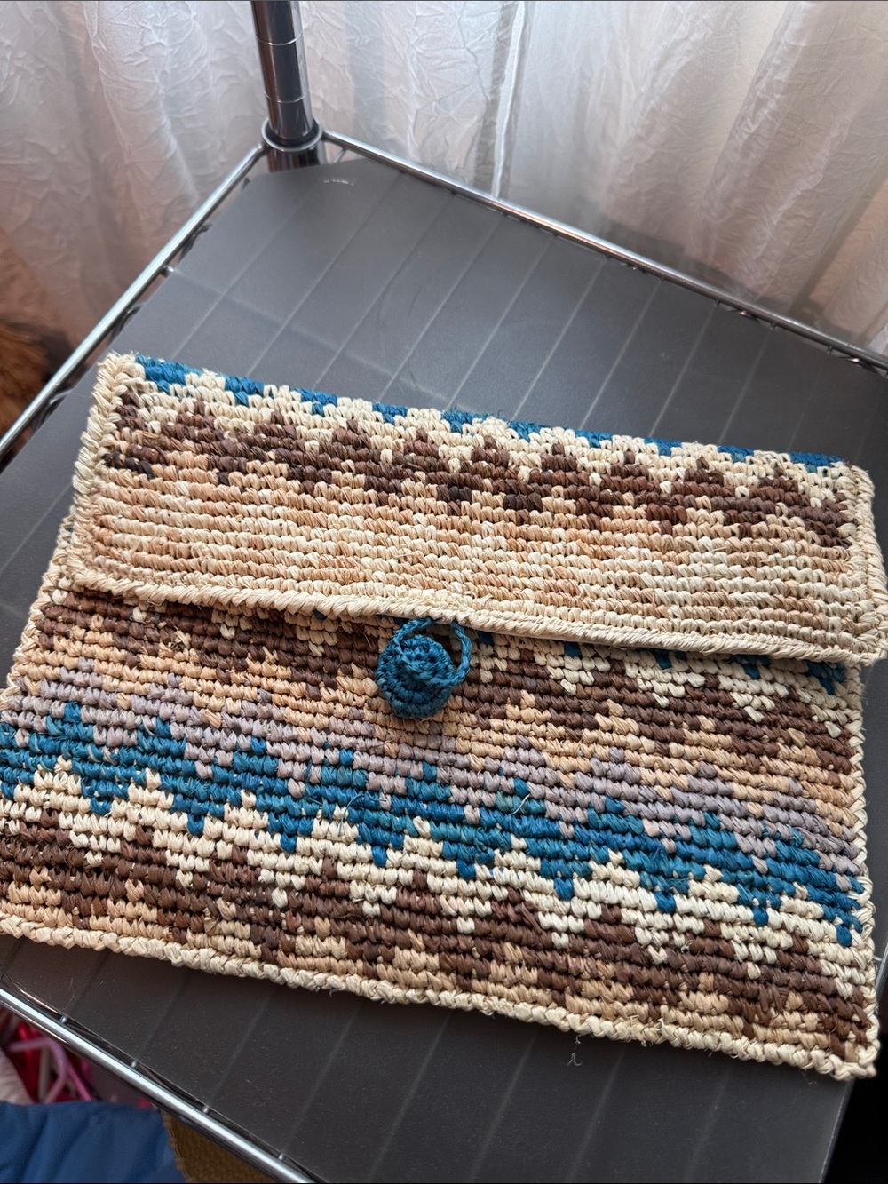 lovestitch Crochet Foldover Clutch in Cream, Brown & Blue